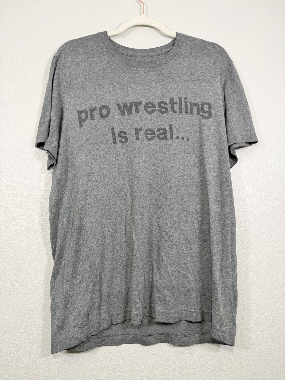 Men Short-Sleeve Graphic Tee “Pro Wrestling Is Real. People are fake” Gray Large